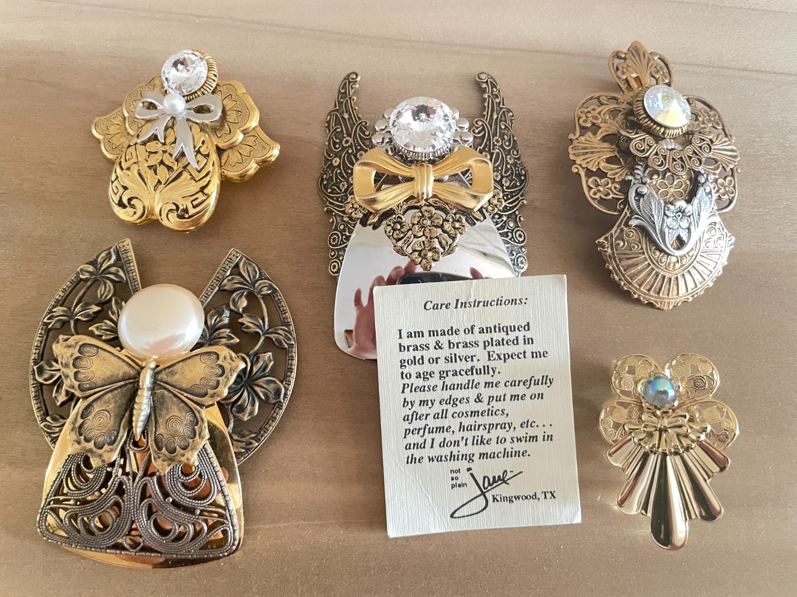 Lot of 5 Vintage Jane Davis Angel Brooches Filigree Gold Silver Bronze Tone
