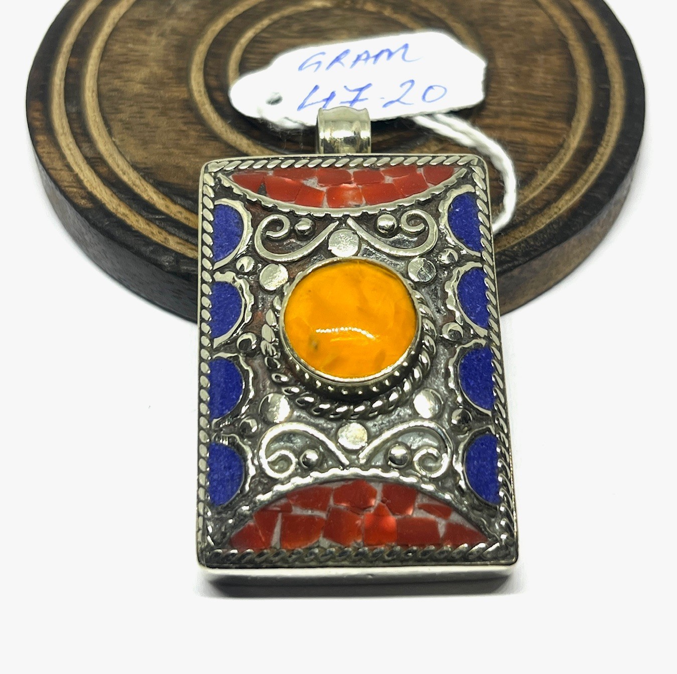 Ethnic Lapis Amber Gemstone Tibetan Traditional Pendant Jewelry, 2.0 inch