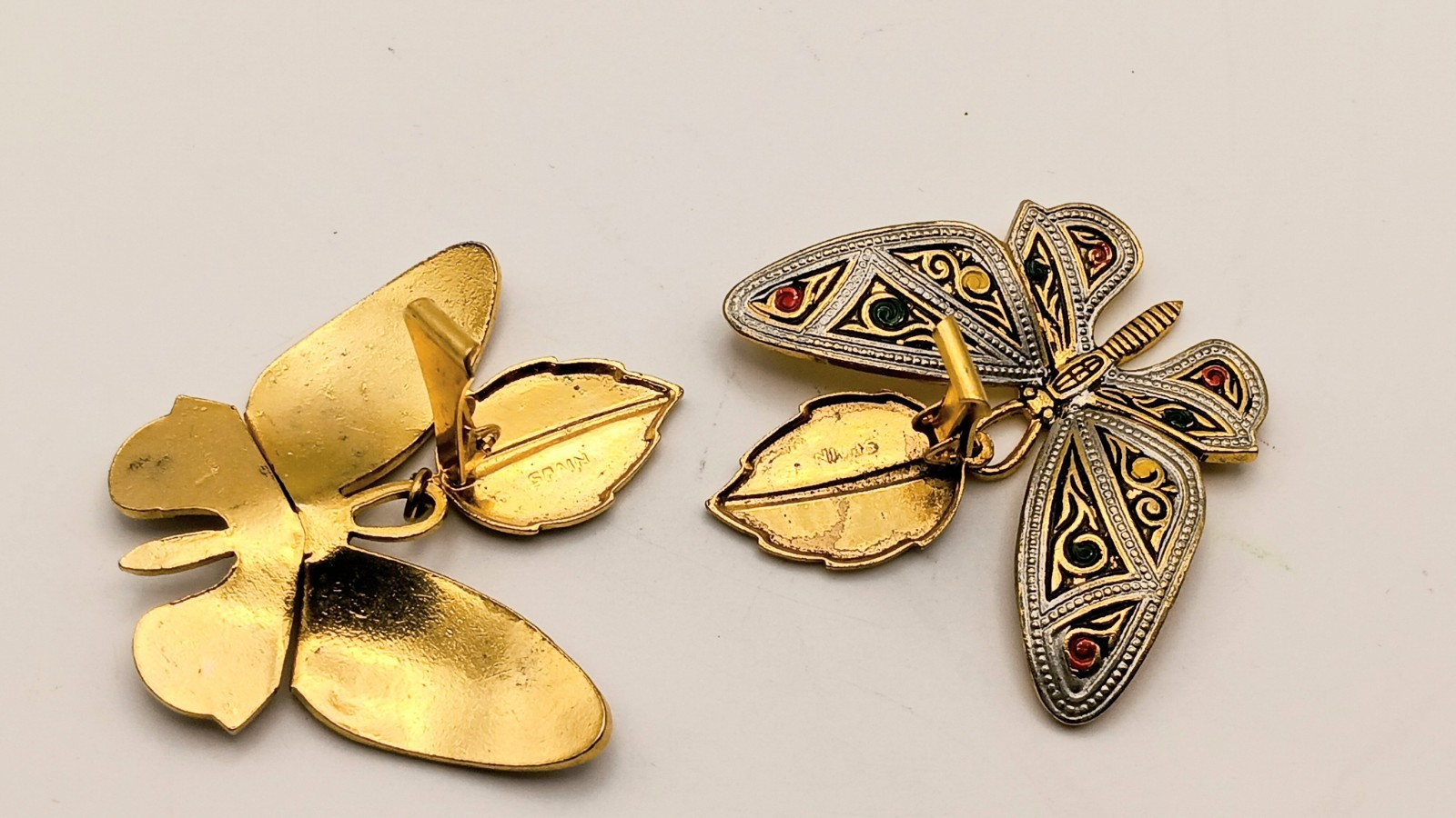 Vintage Toledo Spain Damascene Butterfly Earrings Large Statement Enamel Clip On
