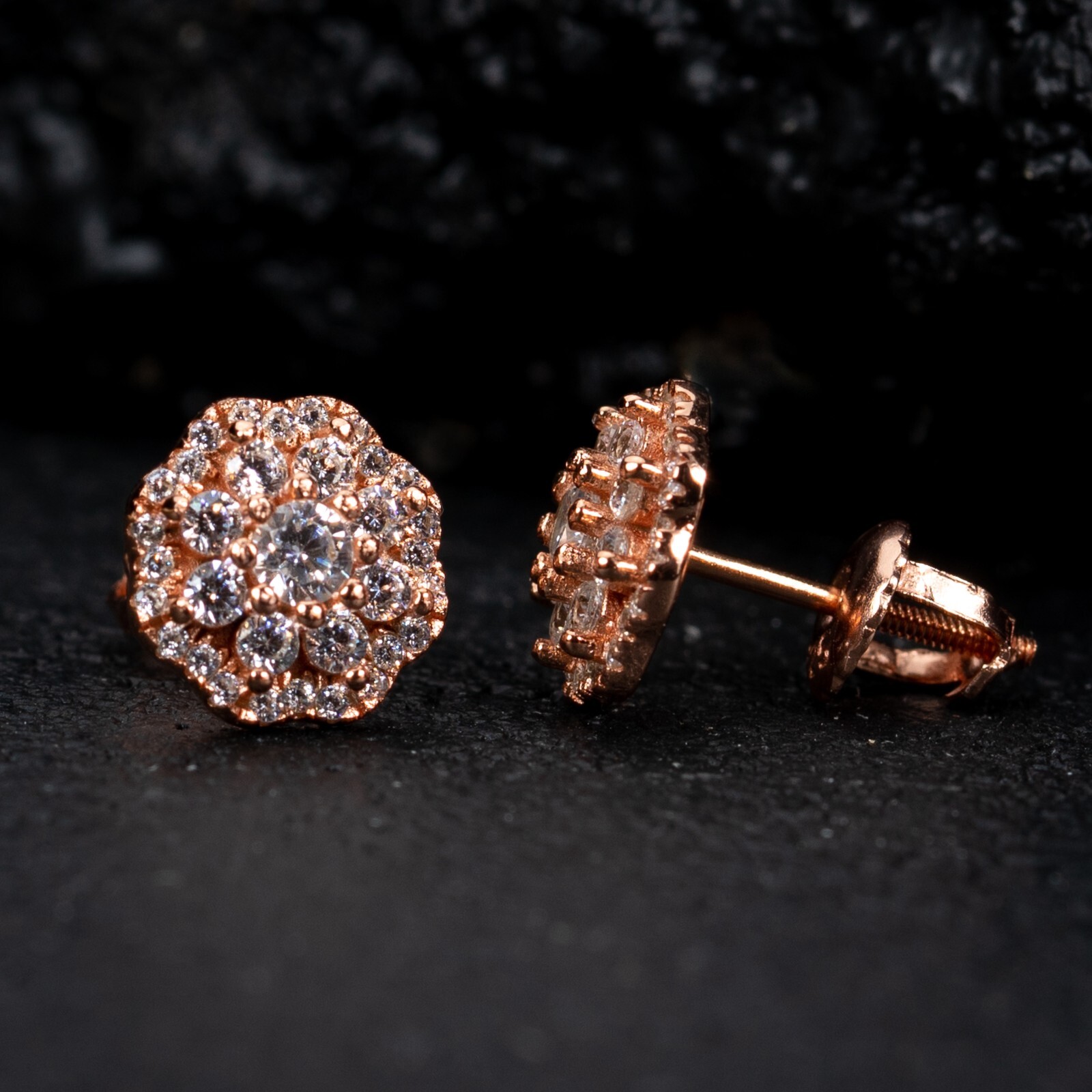 Iced Pink CZ Rose Gold Sterling Silver Flower Cluster Hip Hop Stud Earrings