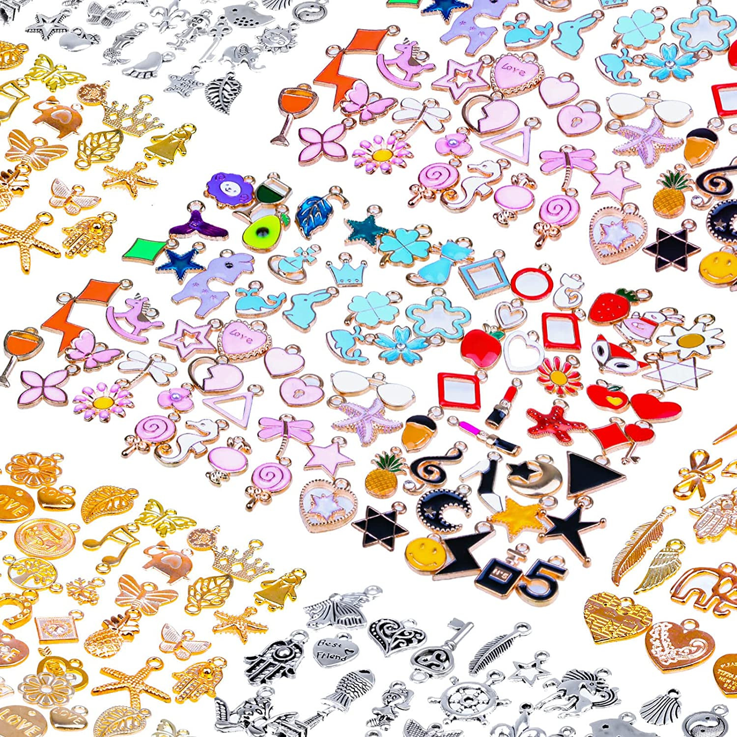 150PCS Bracelet Charms, Silver Bracelet Gold Plated Enamel Charms Pendants for N