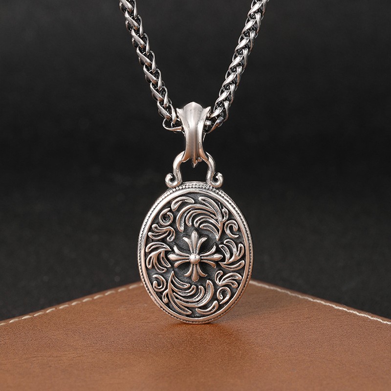 Heavy Gothic Cross Pendant S925 Silver Floral Baroque Medallion Biker Amulet