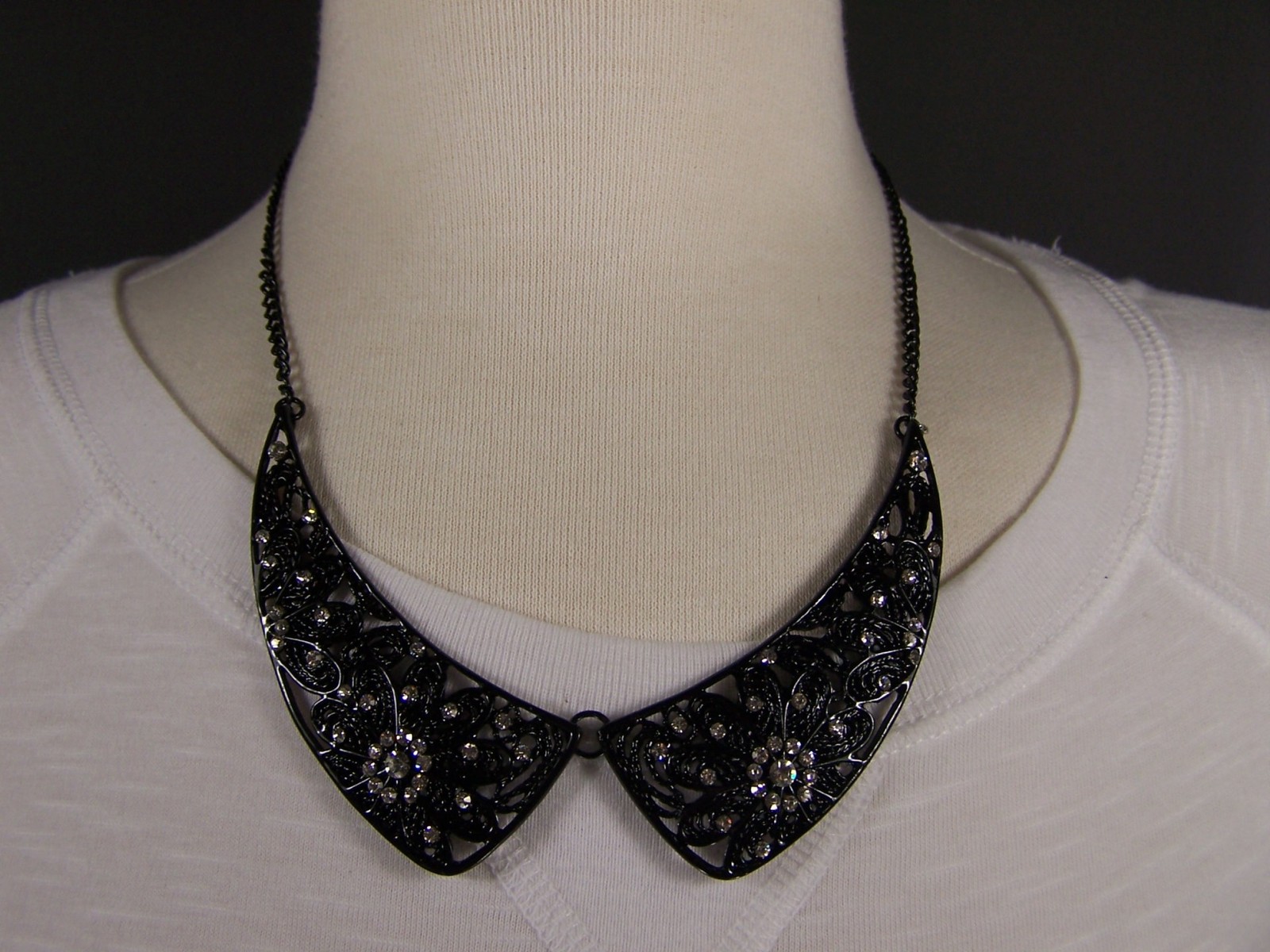 Black Clear crystal filigree cutout collar bib statement necklace 17″ – 19″ long