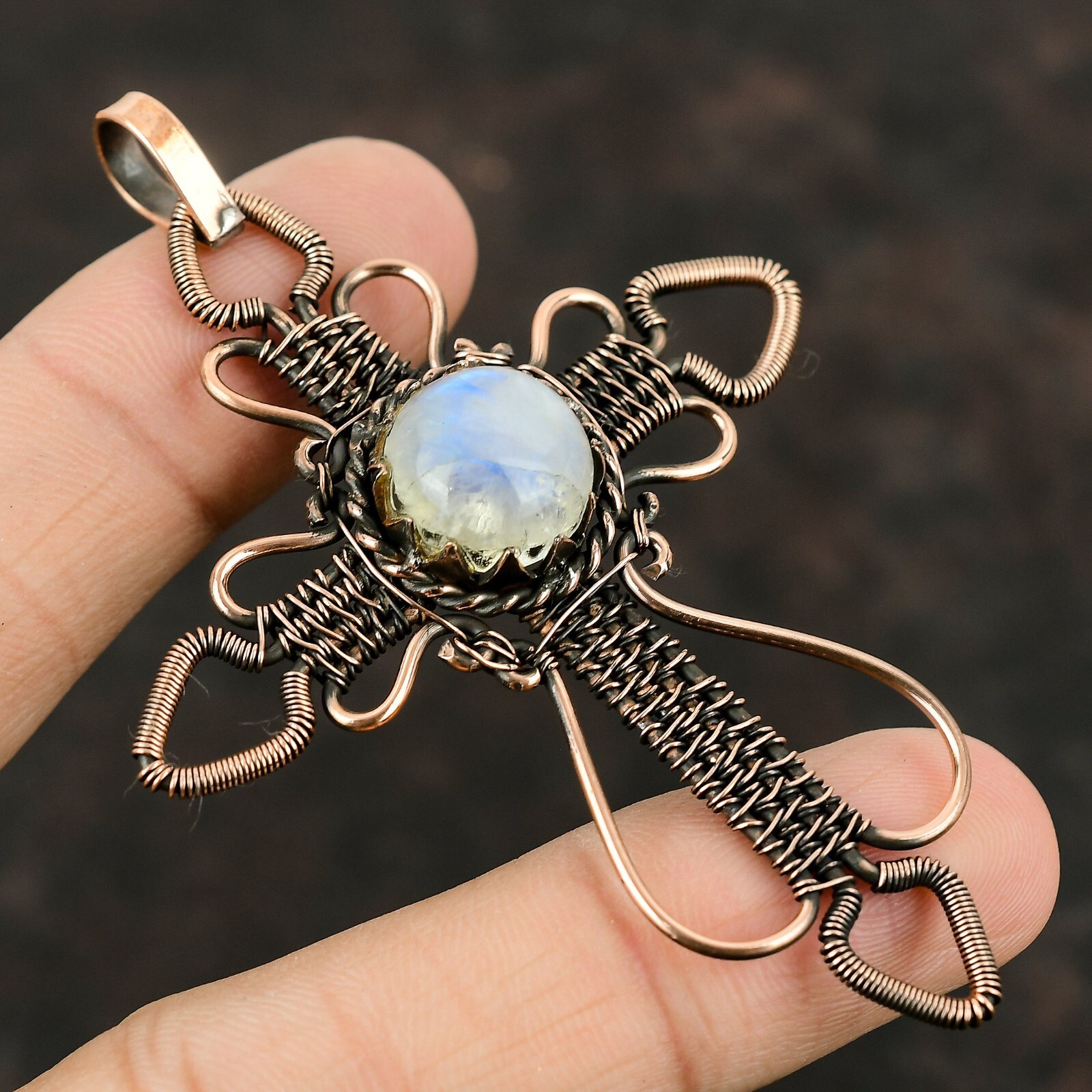 Rainbow Moonstone Copper Gift For Briedsmaid Wire Wrapped Cross Pendant 3.27″