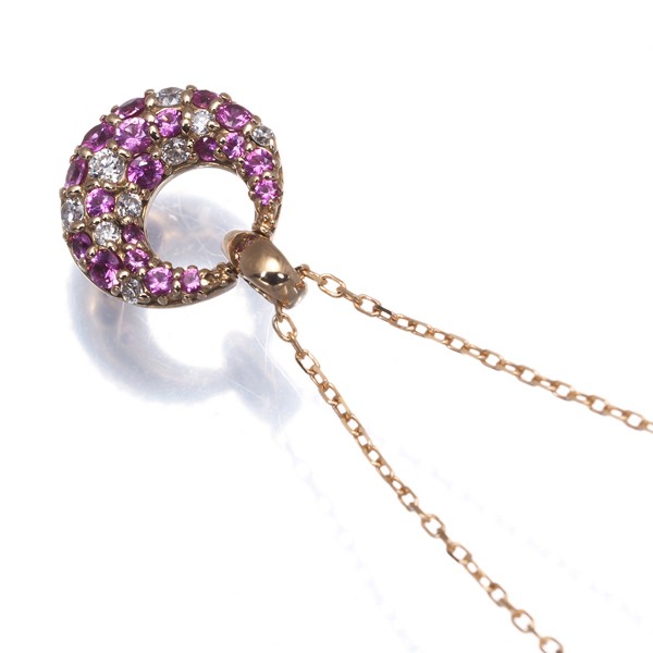 Pink Sapphire 0.18ct Diamond 0.05ct Circle Paved Necklace 18K 750 Rose Gold