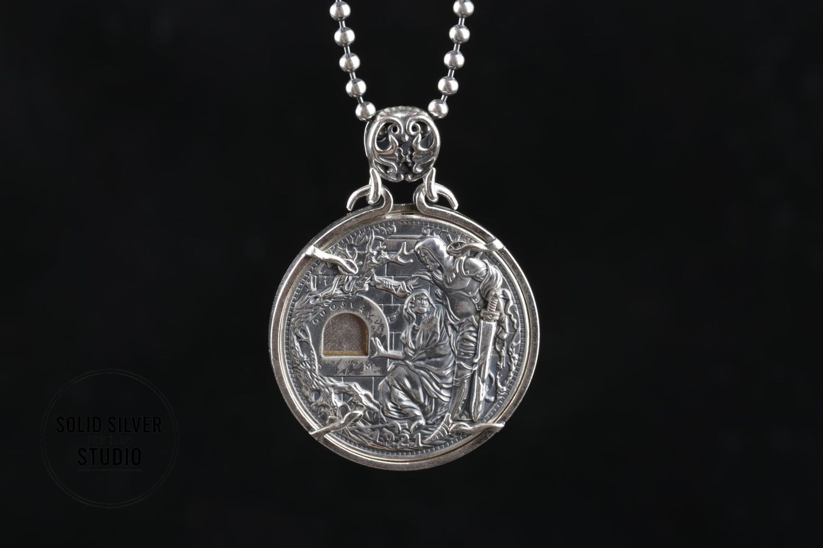 Solid S925 Sterling Silver Mechanical Hobo Coin Pendant Sword Holy Grail 40g