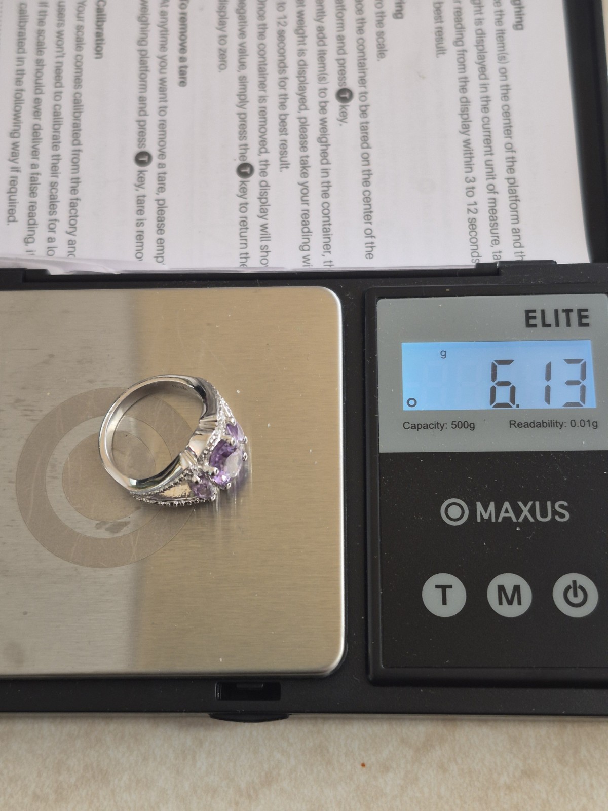 .925 Sterling Silver and 3 Stone Amethyst Ring sz. 6.5
