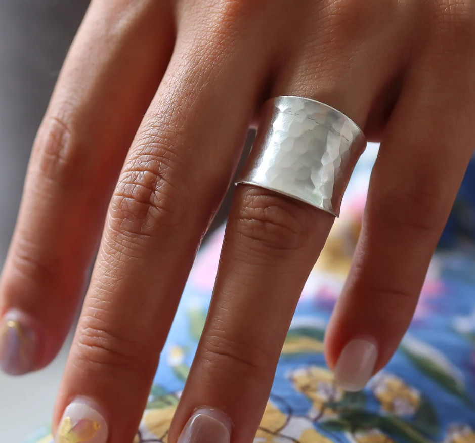Hammered Shiny Statement Ring Sterling Silver Boho Ethnic Adjustable Ring Gift