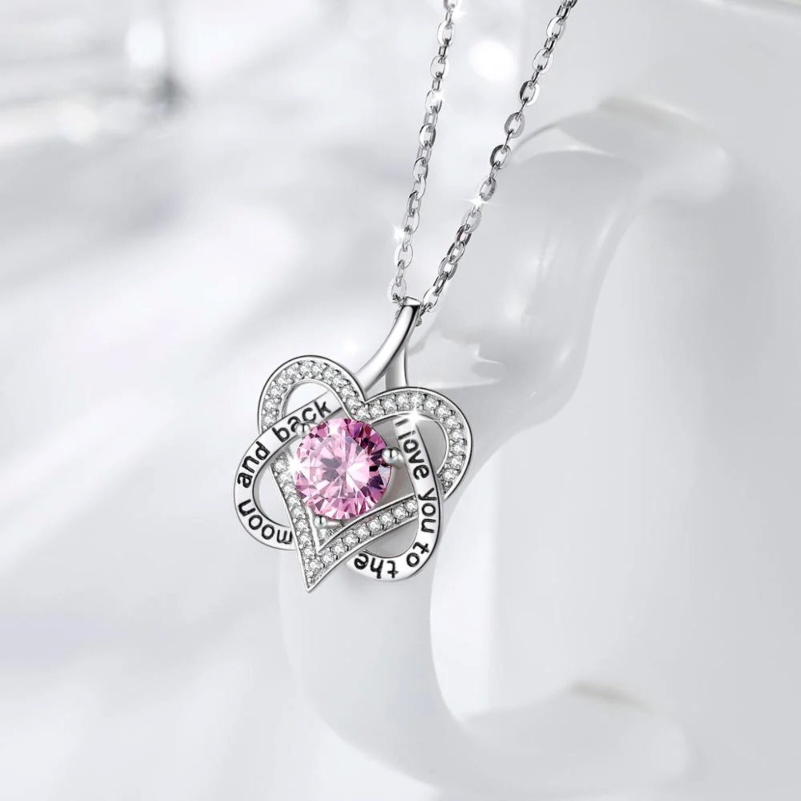 “I Love You To The Moon and Back” Heart Pendant Necklace With Pink CZ 18 Inch