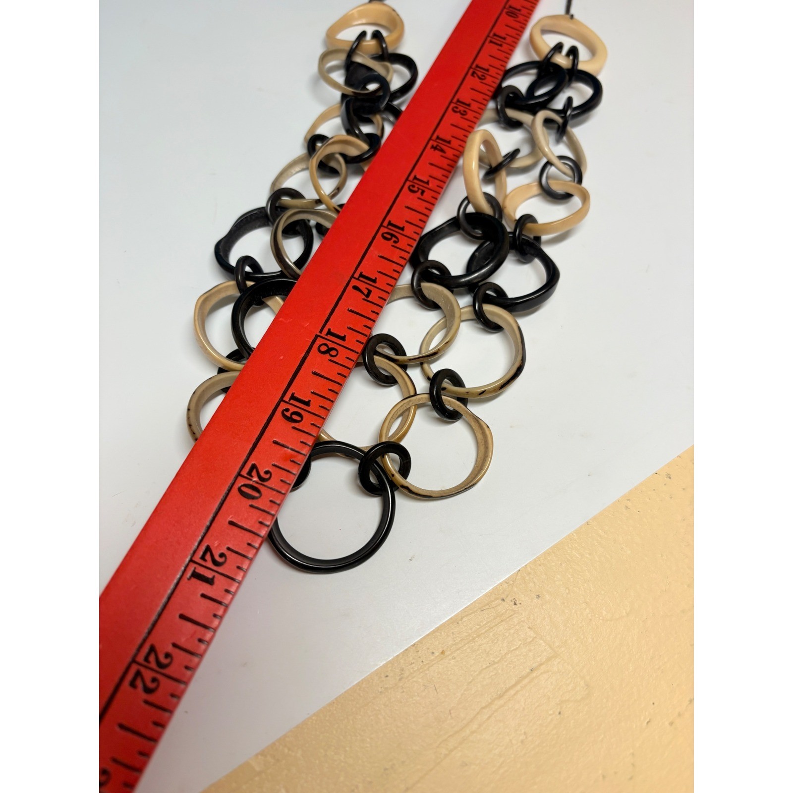 Vintage Style Black Cream Resin Link Statement Necklace Adjustable Cord