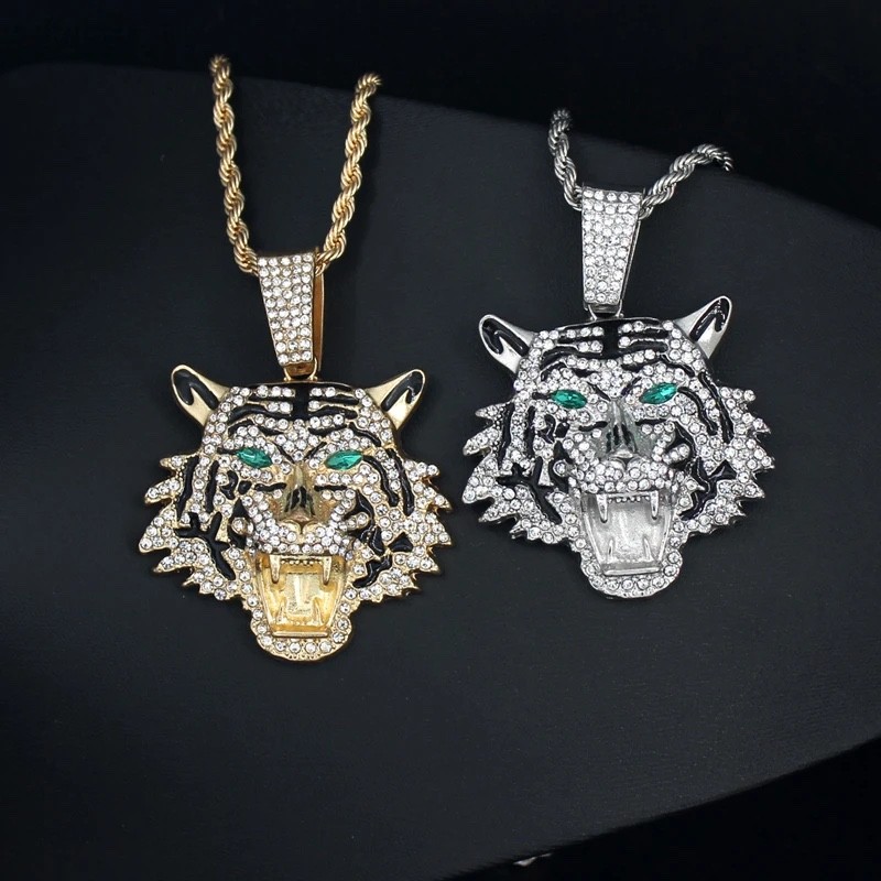 Iced Out Tiger Head Pendant Chain Silver Cuban Link Hip Hop Necklace BlingJewelr