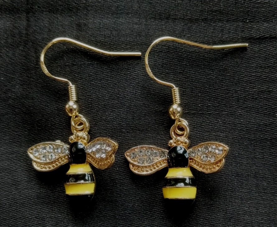 HONEY BEE DROP DANGLE EARRINGS goldplated Yellow Black Enamel with Rhinestones