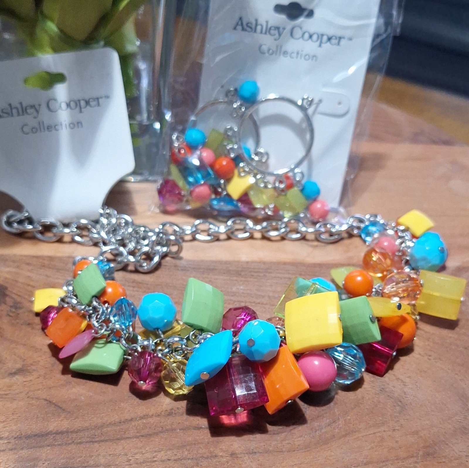Ashley Cooper Collection Multicolor Plastic Beaded Necklace + Hoop Earrings Set