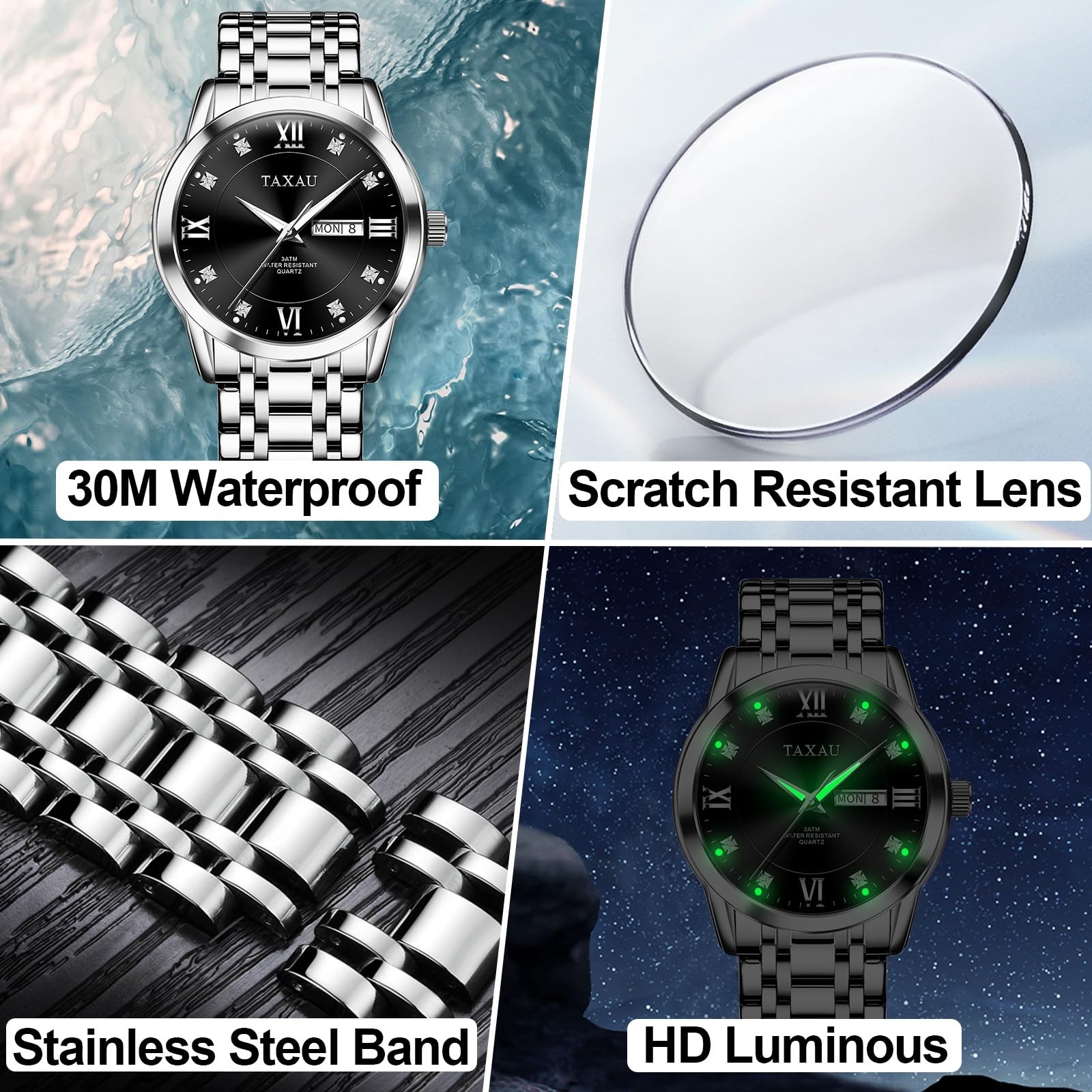 Silver Men Watch Black Face Stainless Steel Analog Quartz Watches for Men wit…