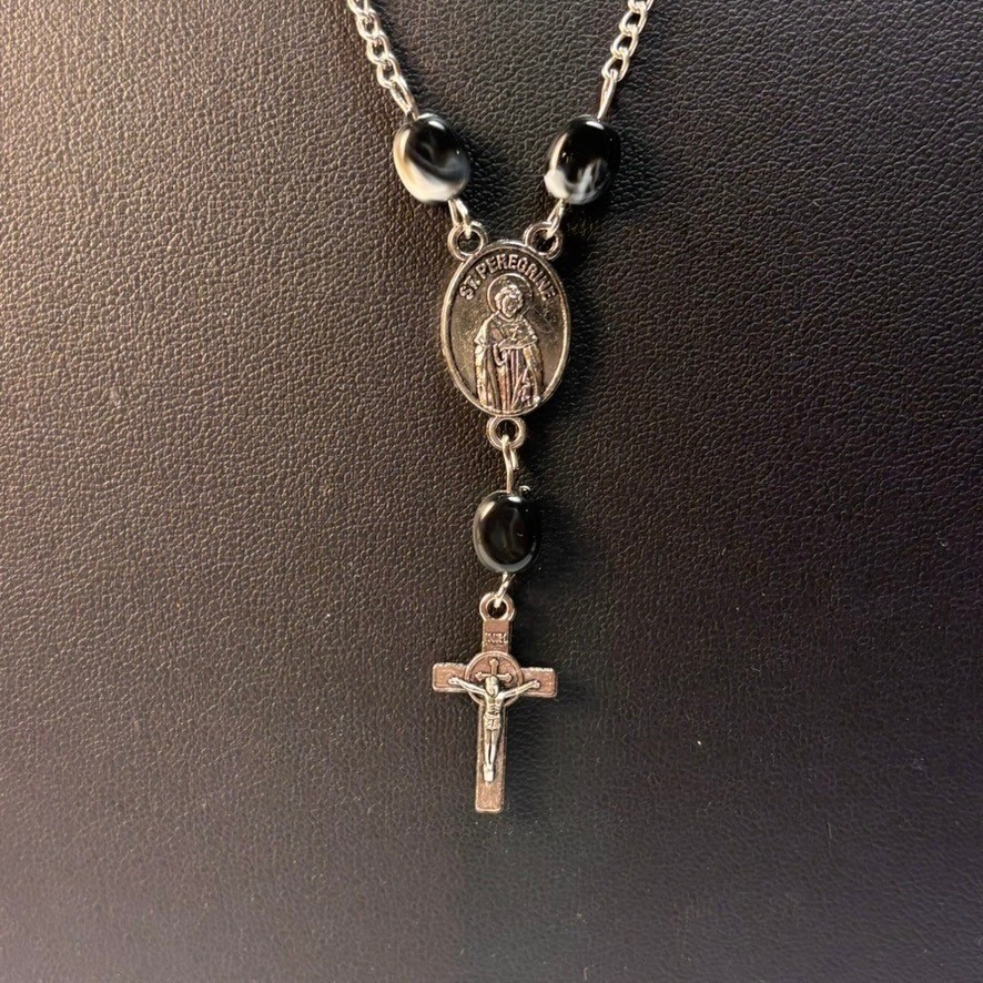 St Peregrine St Anthony Rosary Necklace Silver Black Bead Catholic Goth Boho