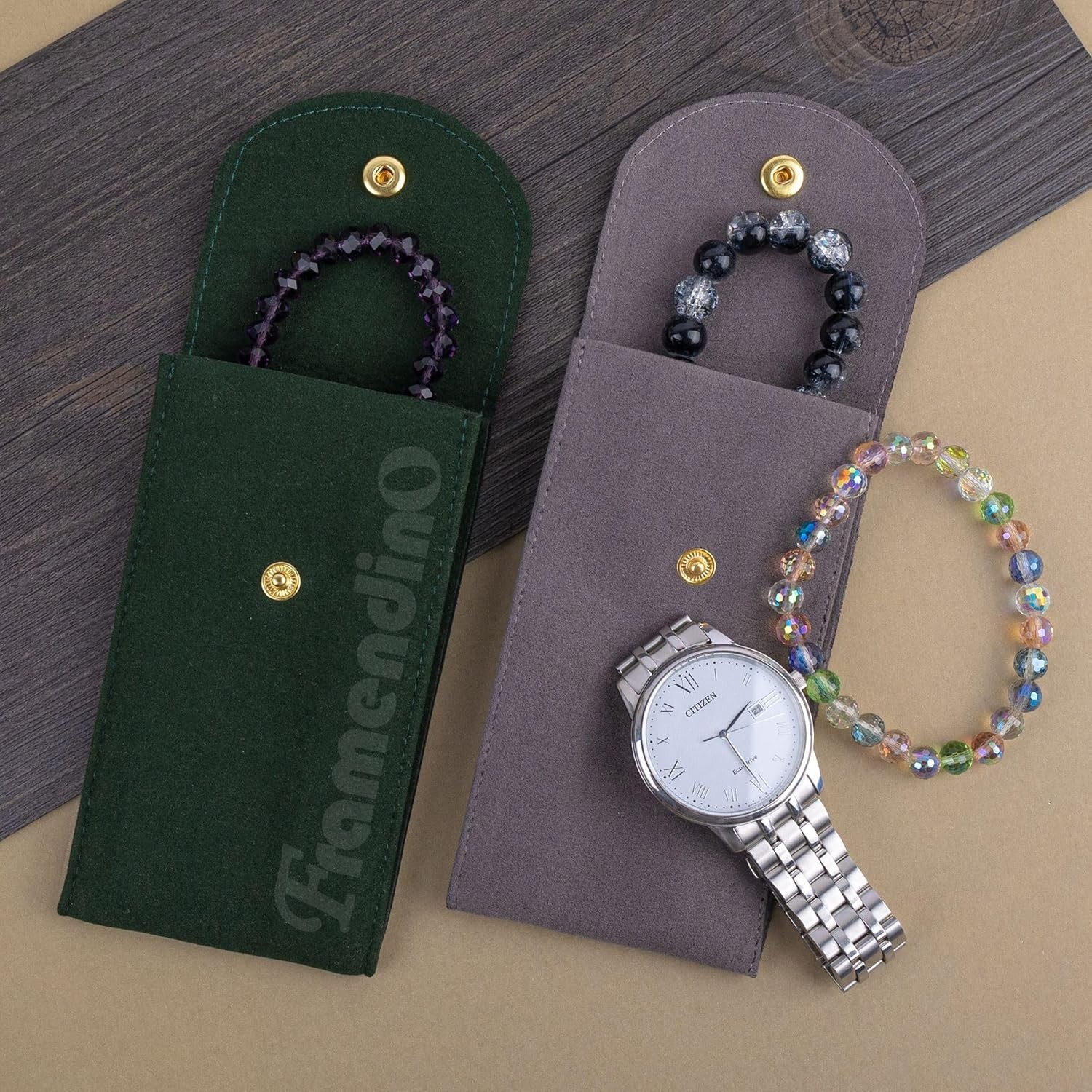 Framendino, 4 Pack Velvet Watch Pouch with Snap Button 4 Pack, Multicolor