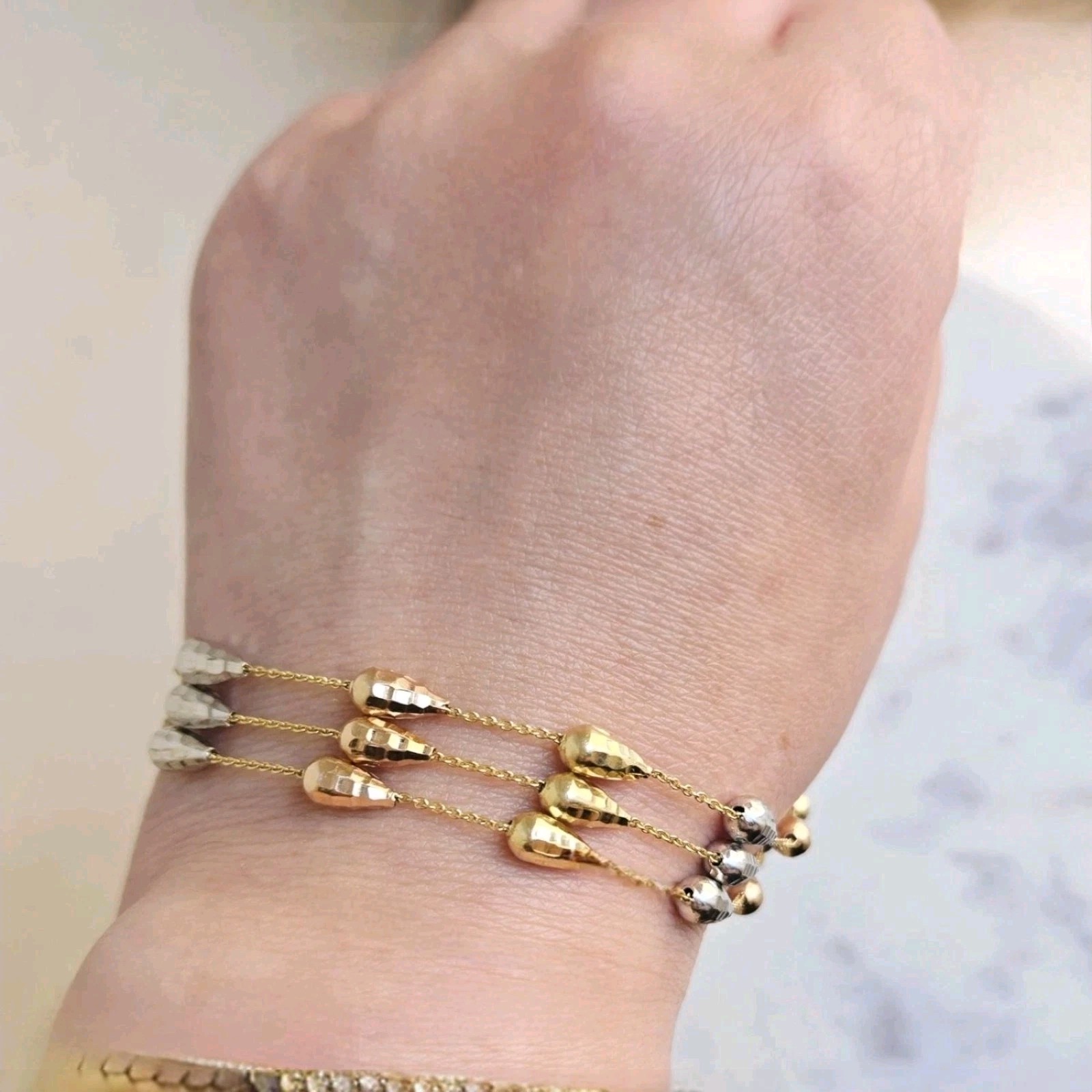 14K Gold TriColor Triple-strand Bracelet with 18 Textured Teardrop Beads VINTAGE