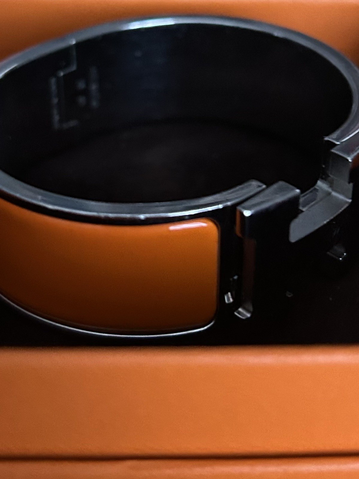 Hermes Signed Orange Enamel .75 In Wide Clic Clac H Bracelet Silver Palladium