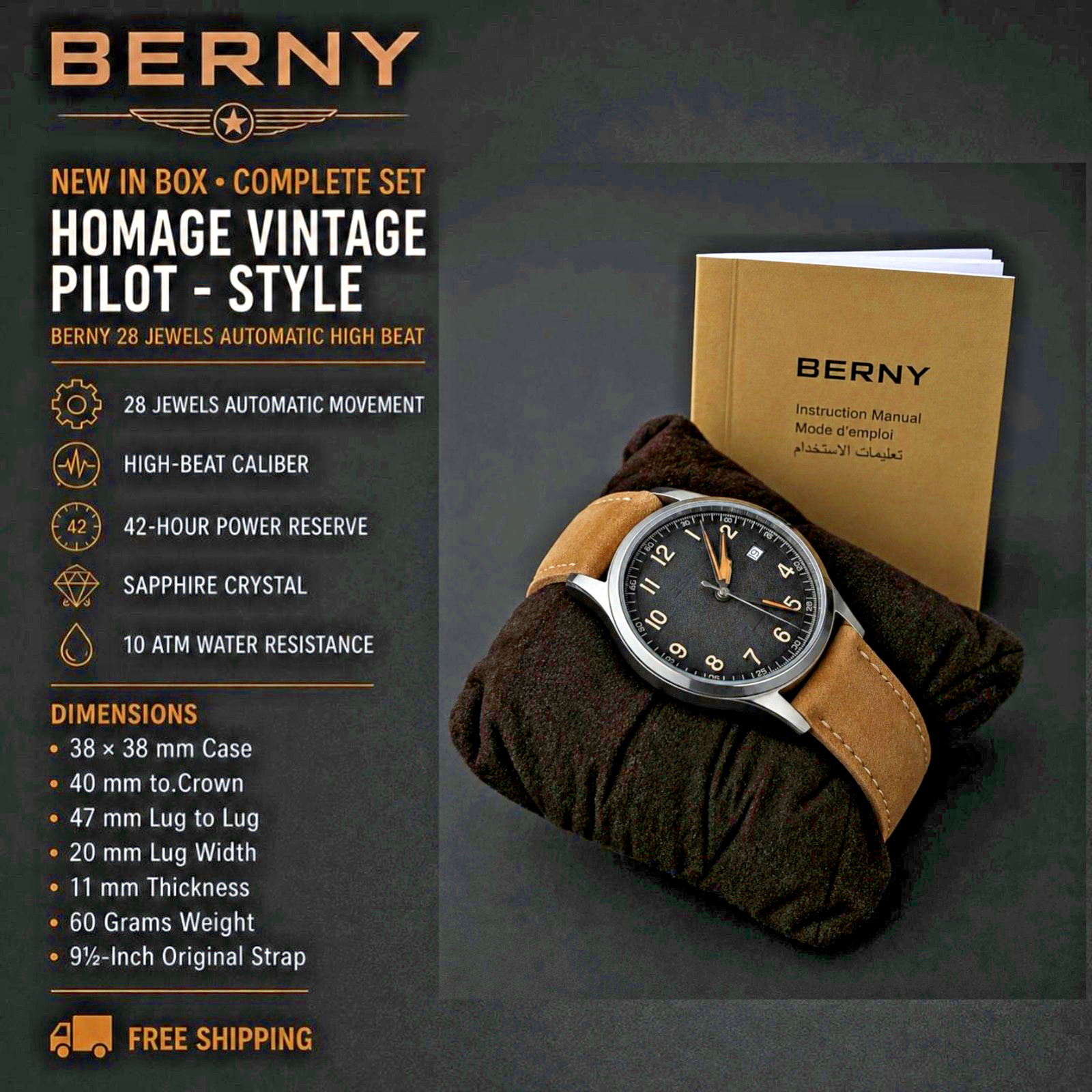 NIB BERNY High Beat 28 J Automatic Crystal Exhibition Back Full Set 🛩️Free Ship
