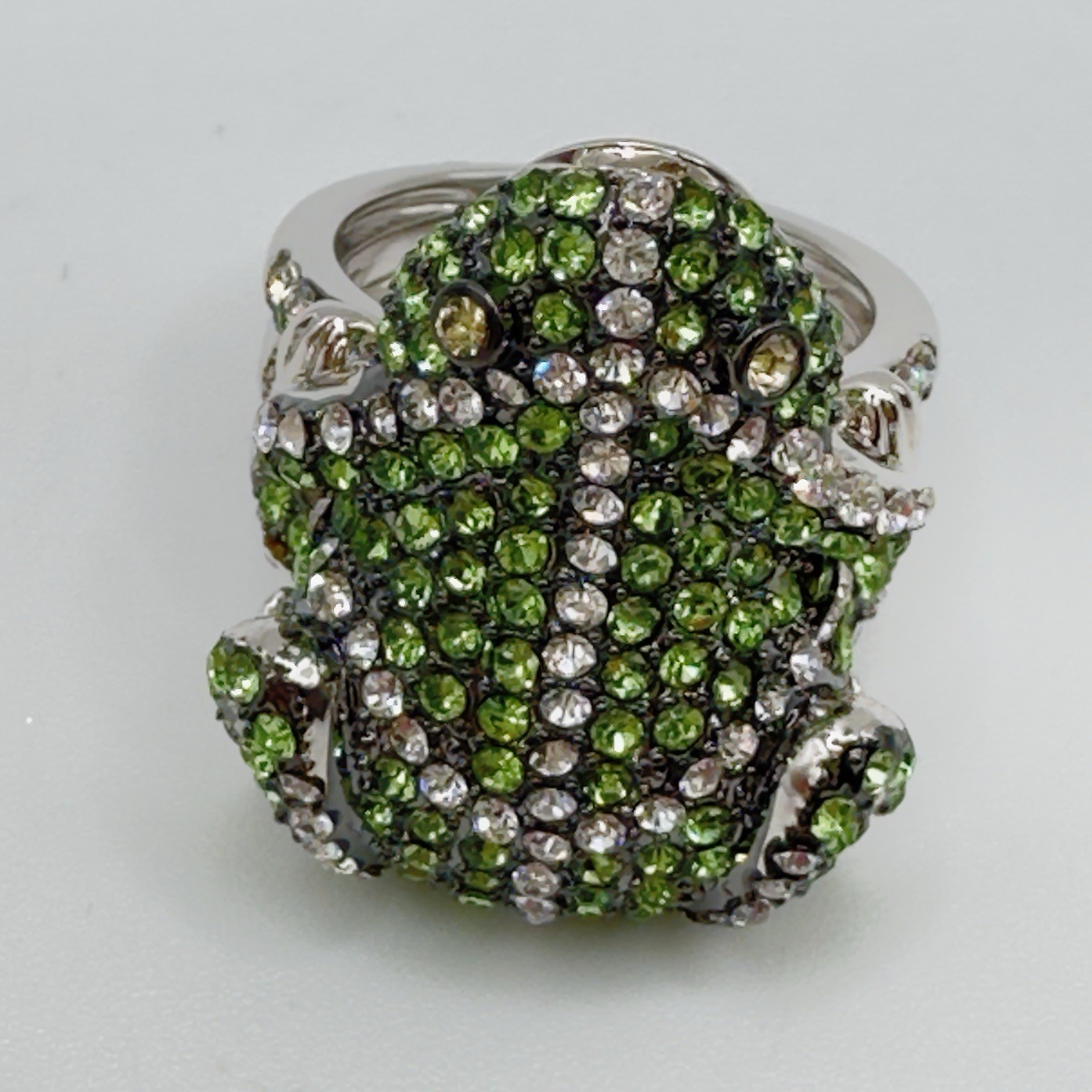 Joan Boyce “Frog” Ring Green Crystal Silvertone Pave Size 6 Statement Party