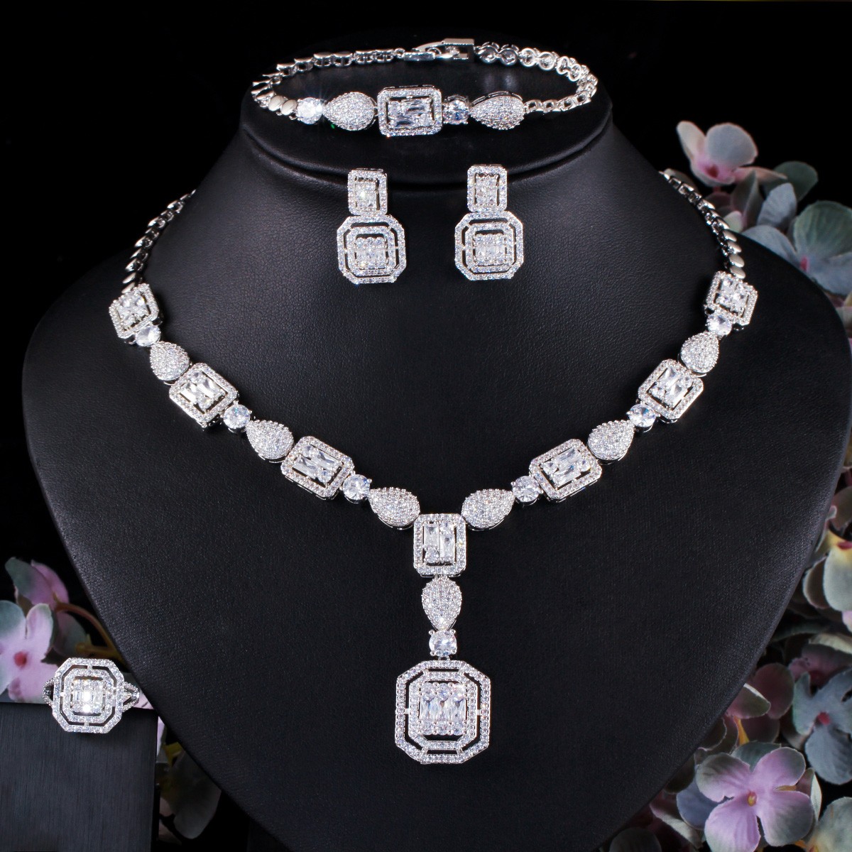 Silver Plated Baguette Zircon Necklace Bracelet Earrings Ring Bridal Jewelry Set