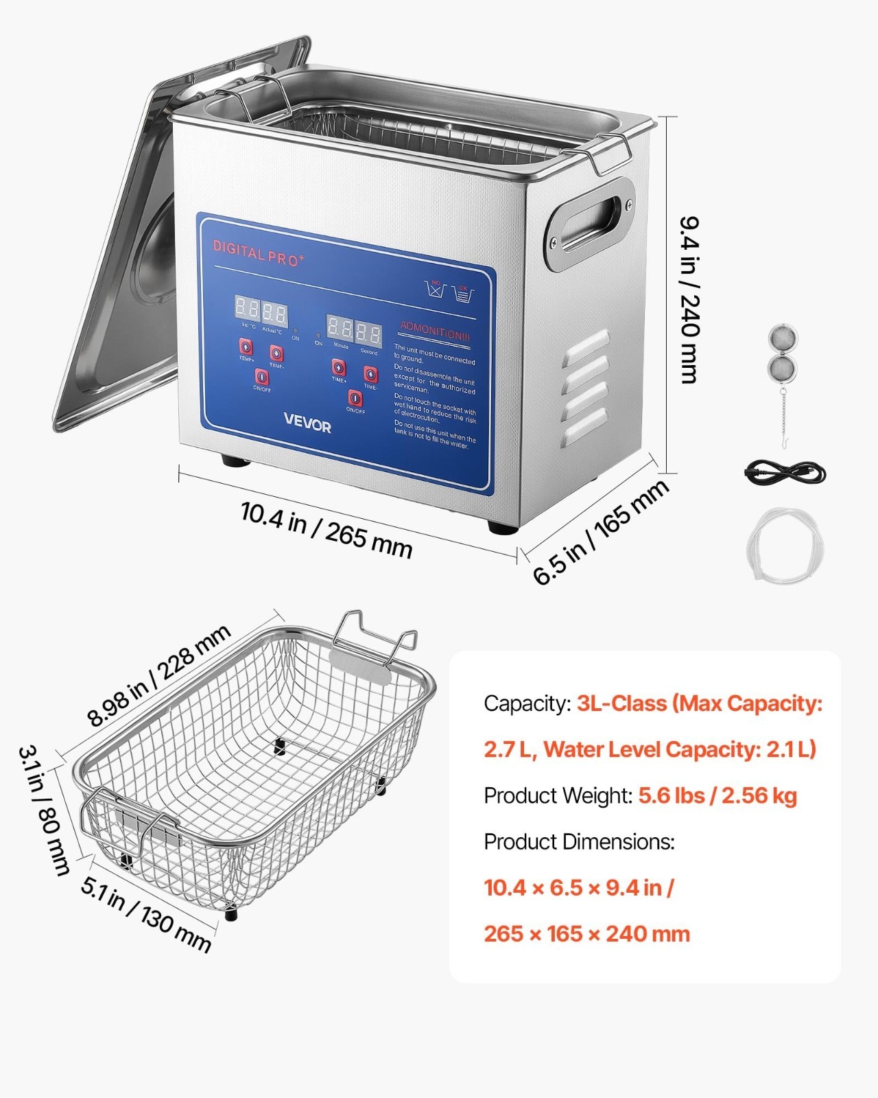 3L Ultrasonic Cleaner with Digital Timer & Temp Control, 40kHz Stainless Steel,