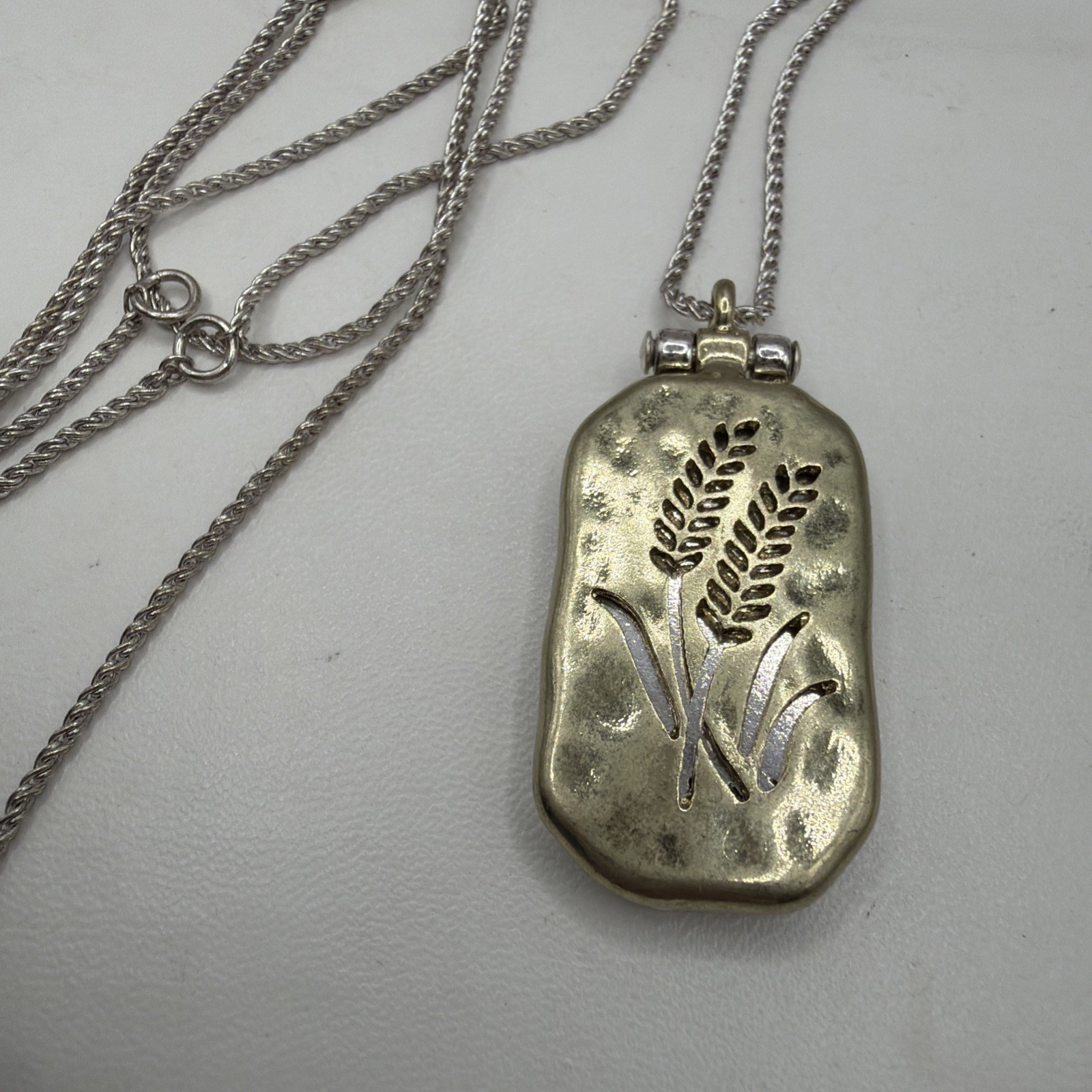 Vintage Costume Cutout Cattail Plant Pendant Locket Necklace 34″