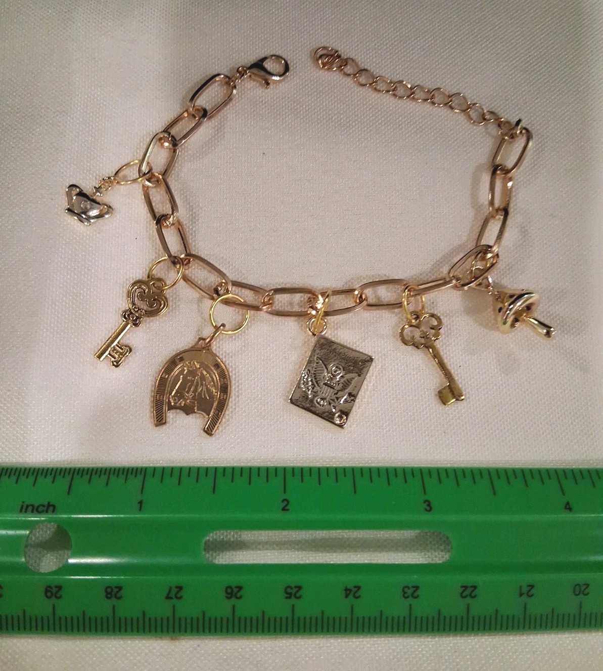 Goldtone Dangle Charm Bracelet, 6 Charms:Horse,Crown,Keys,Mushroom& Amer. Eagle