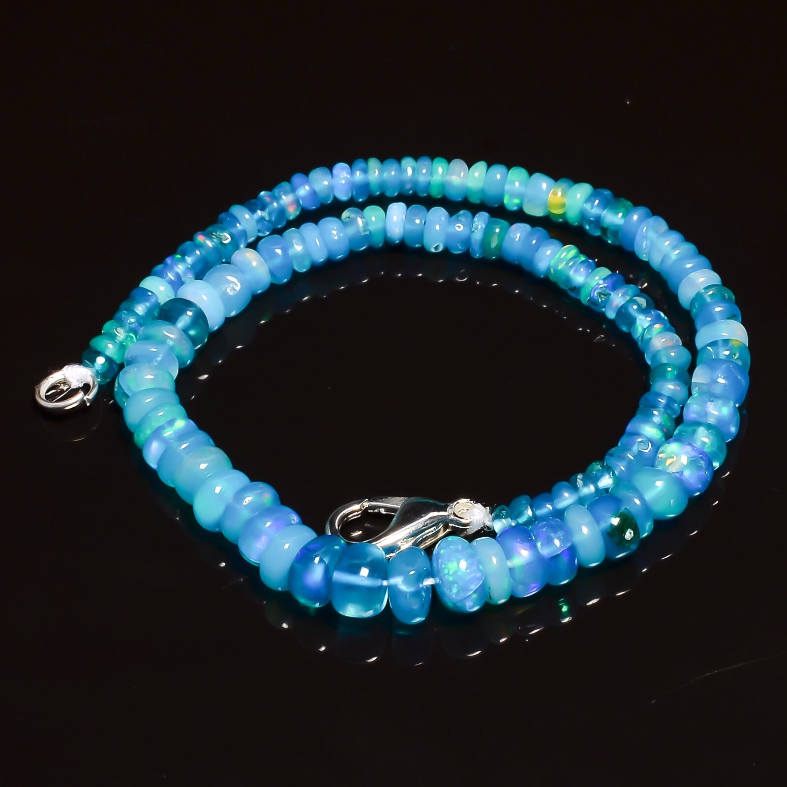 23 Ct. Natural Neon Blue Ethiopian Opal Rondelle Smooth Beads Bracelet 9″ A-5054