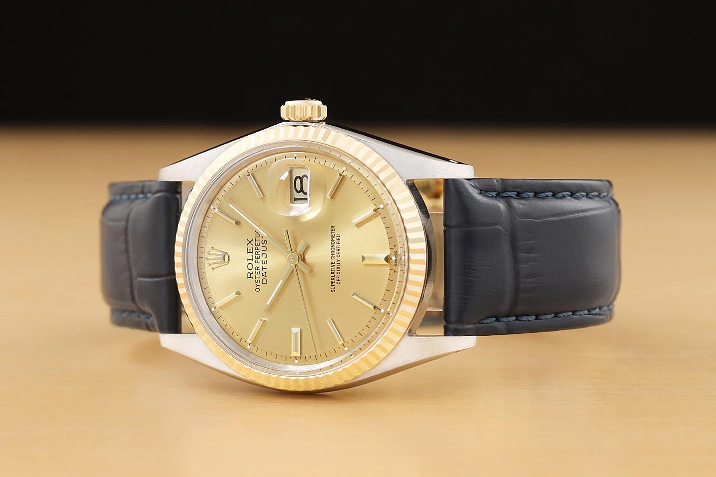 ROLEX DATEJUST 1601 14K YELLOW GOLD STEEL CHAMPAGNE DIAL BLUE LEATHER BAND WATCH