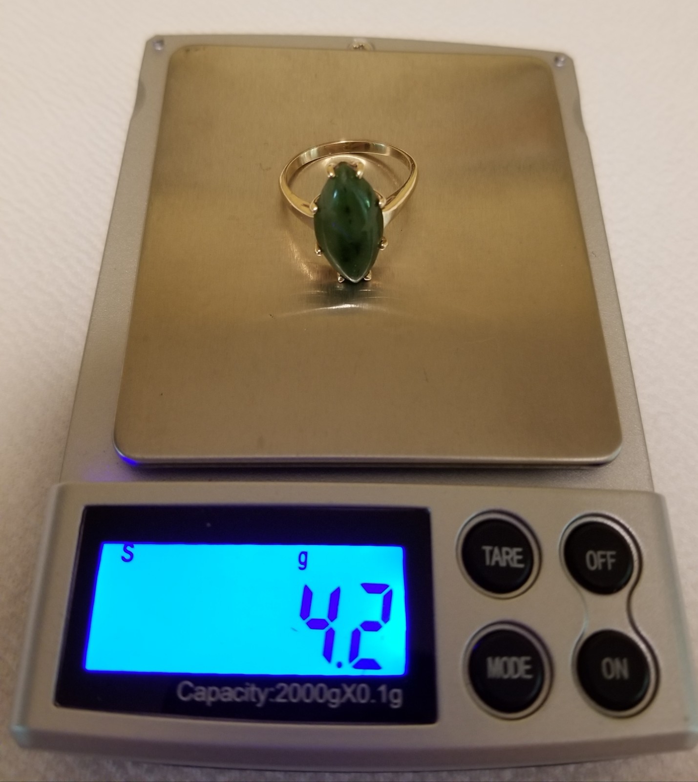 14k Yellow Gold Green Nephrite Jade Marquis Cabochon Ring Size 8 – 4.2 Grams