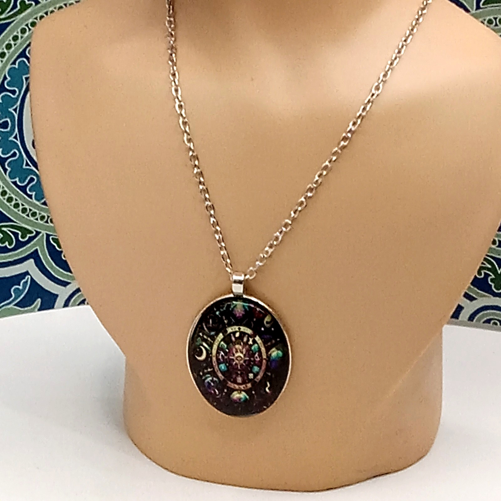 Celestial Necklace Oval Blue Pendant Astrological Symbols Silvertone Chain