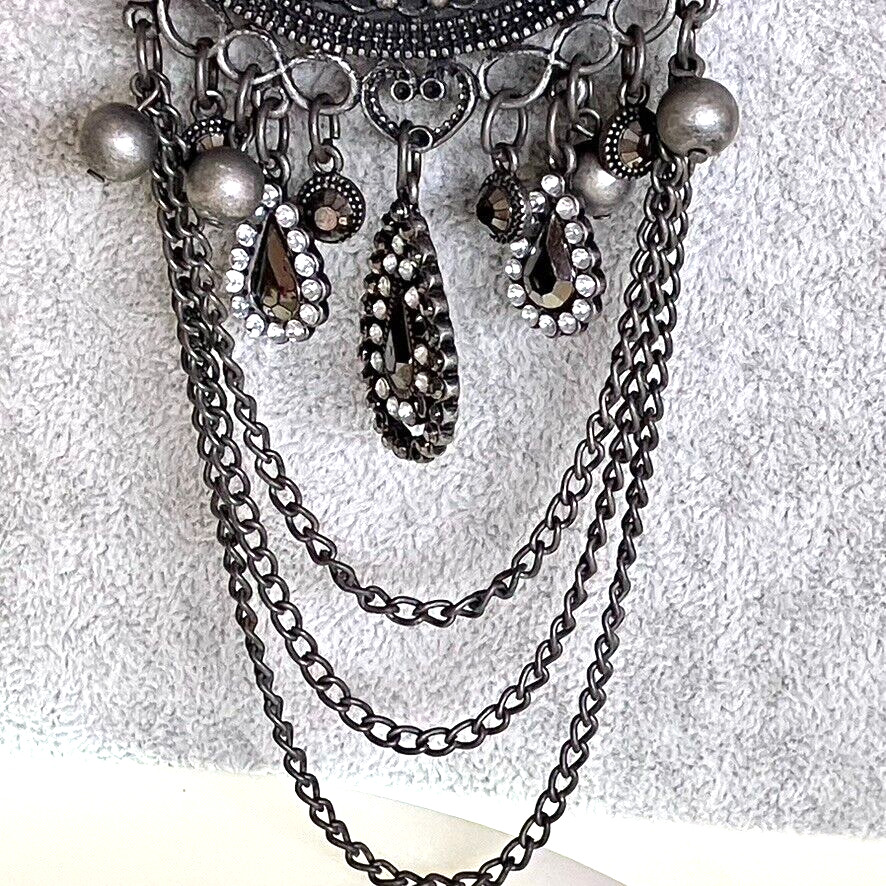 Afghan vintage necklace oxidised black metal heavy Bohemian style 82cm unusual