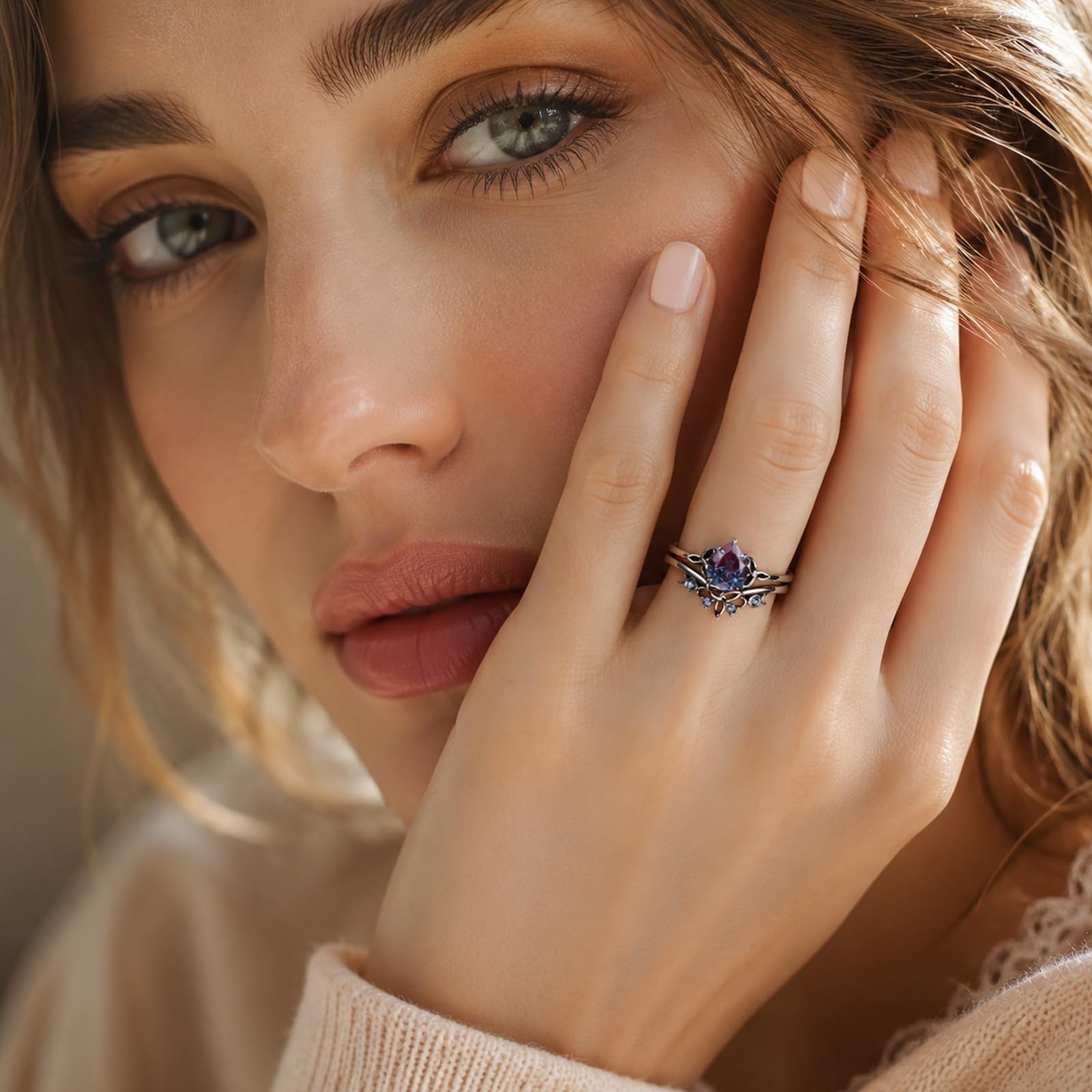 2 Pcs Vintage Rings for Women Goth Black Plated Matching Rings Set Colorful C…
