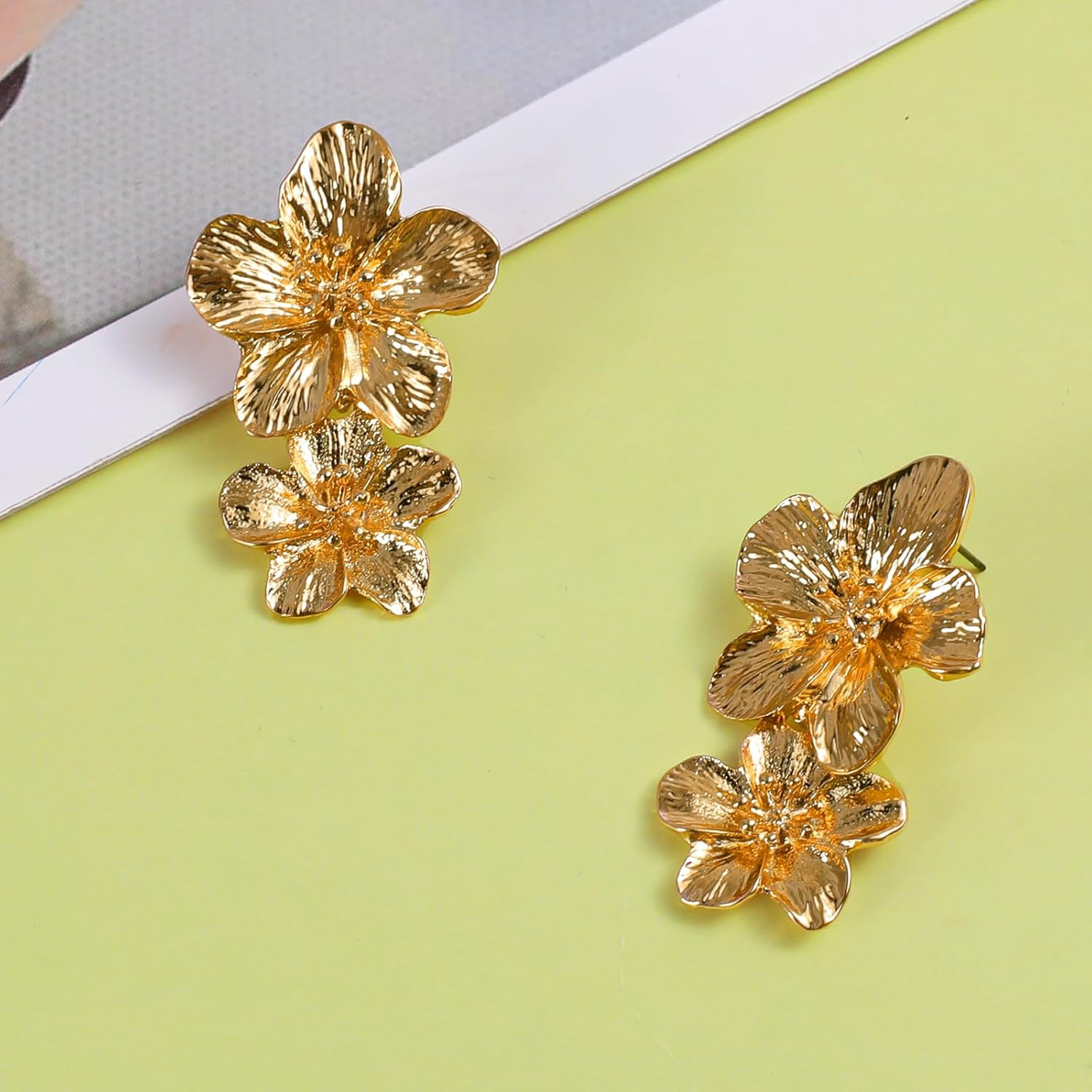 Gold Flower Earrings Double Statement 7 Cm X 11 X 1.8 Cm, Gold