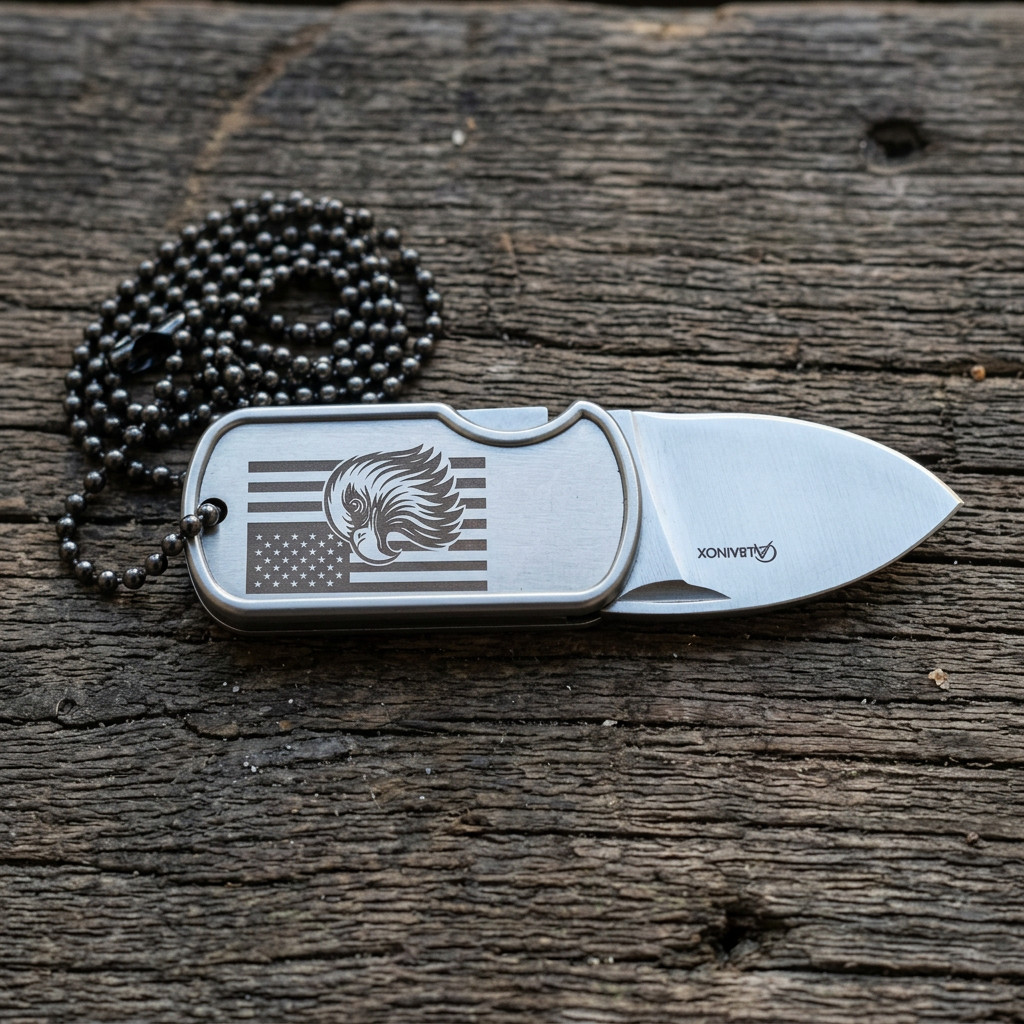 US Flag Eagle Stainless Steel Dog Tag Necklace Money Clip Folding Knife