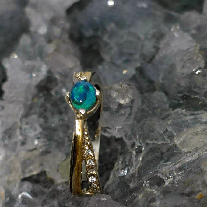 Natural Lightning Ridge Black Opal 0.40ct 925 Silver & 9K Gold with CZ Ring US 8