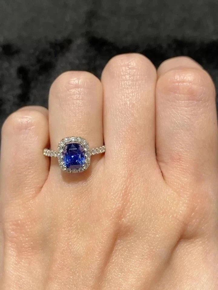 3.00Ct Cushion Cut Natural Sapphire Diamond Wedding Ring 14K White Gold 6 7 8 9
