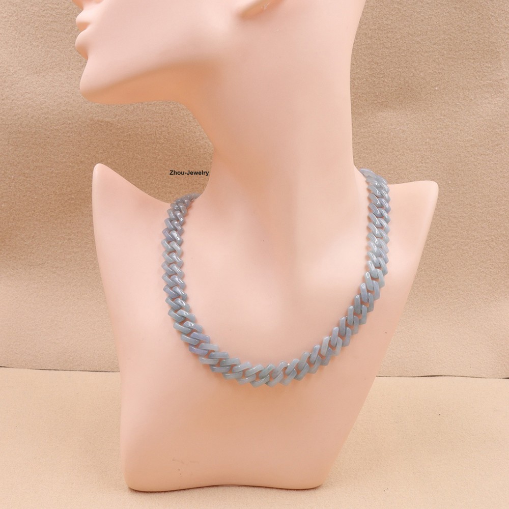 Natural Blue Water Jadeite Cuban Link Chain Necklace -Authentic Gemstone Jewelry