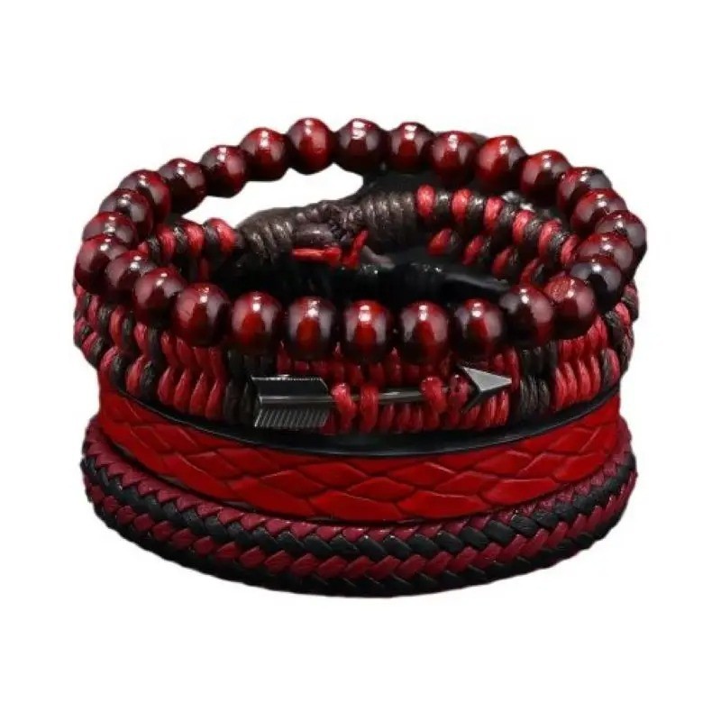 Men Vintage Leather Bracelet Cupid Arrow Wood Bead Hand Woven Retro Fashion