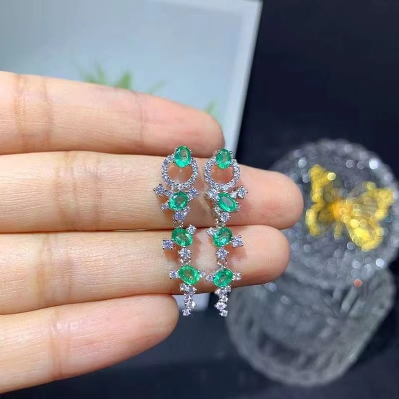 Emerald Statement Earrings, Natural Colombian Emerald Drop Dangle Earrings 3x4mm