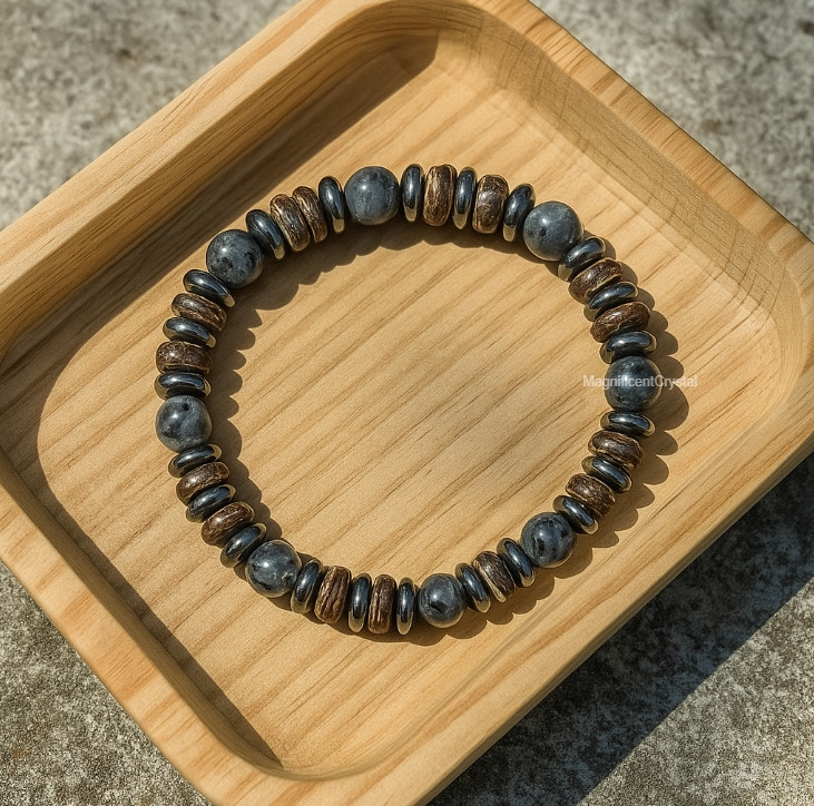 8mm Labradorite Larvikite Hematite Coconut Men’s Bead Bracelet Healing Jewlery