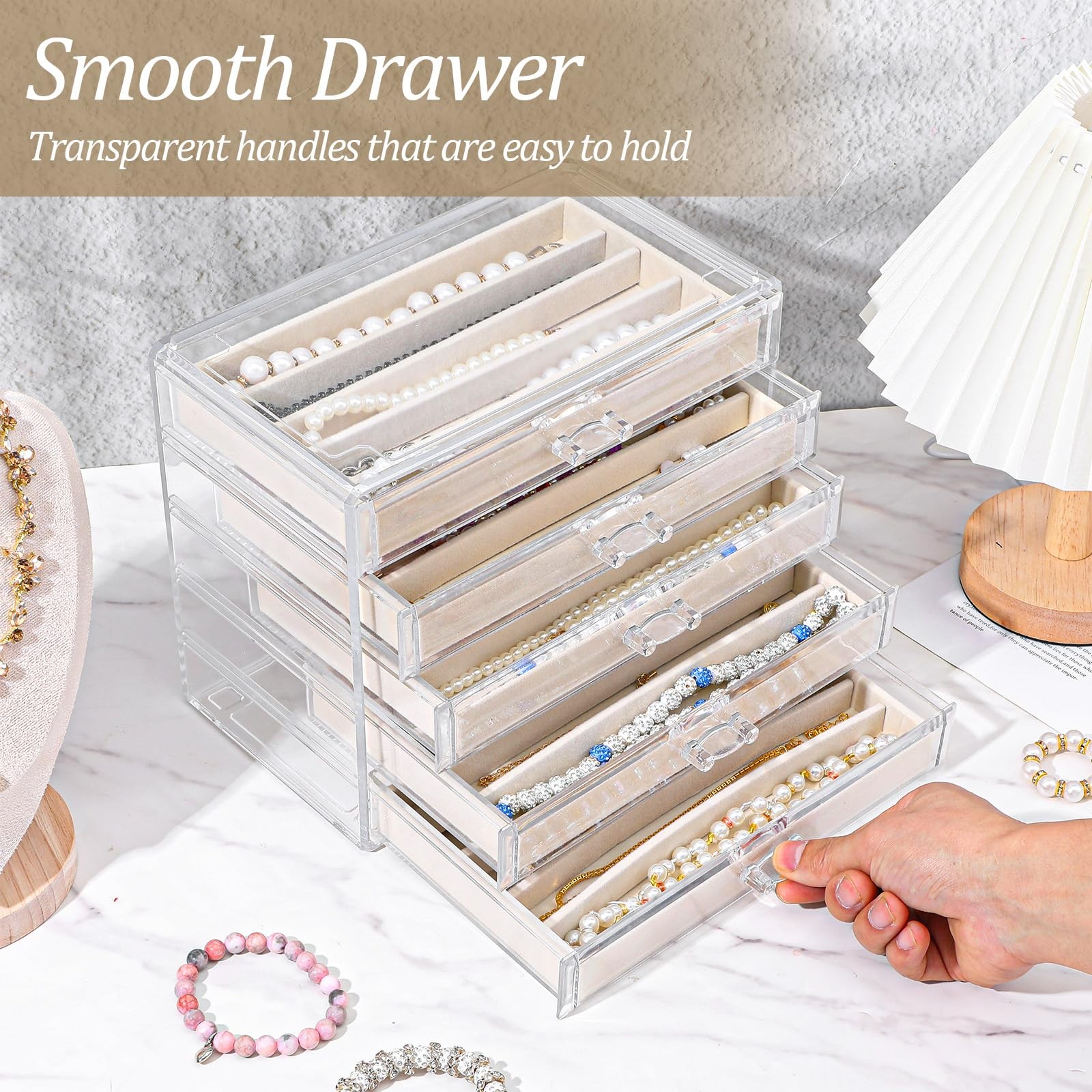 kenaeooe 5 Drawer Acrylic Necklace Holder Organizer, Clear Transparent