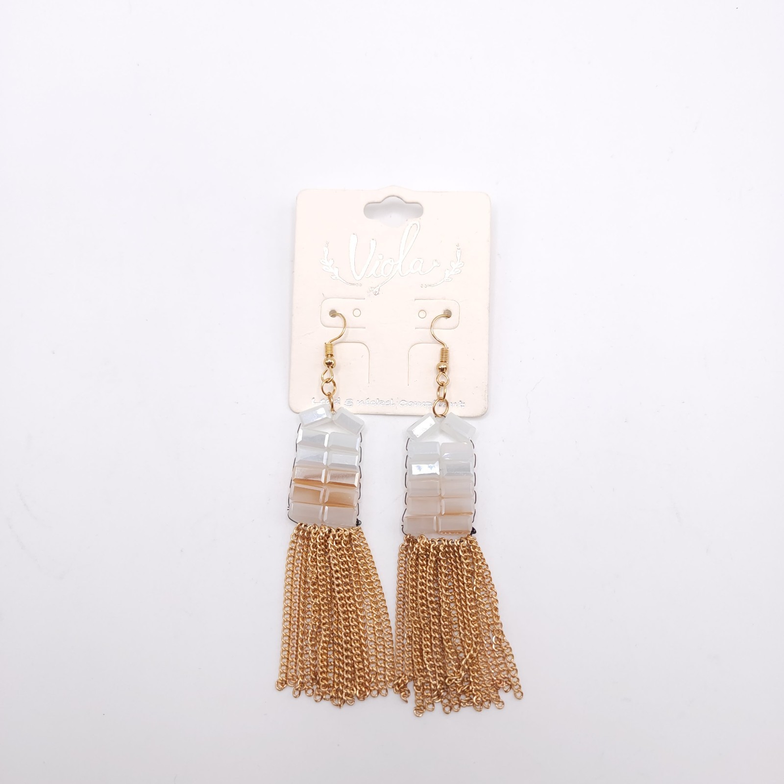 Viola Gold Tassel Dangle Earrings Iridescent Bead Boho Statement Chic
