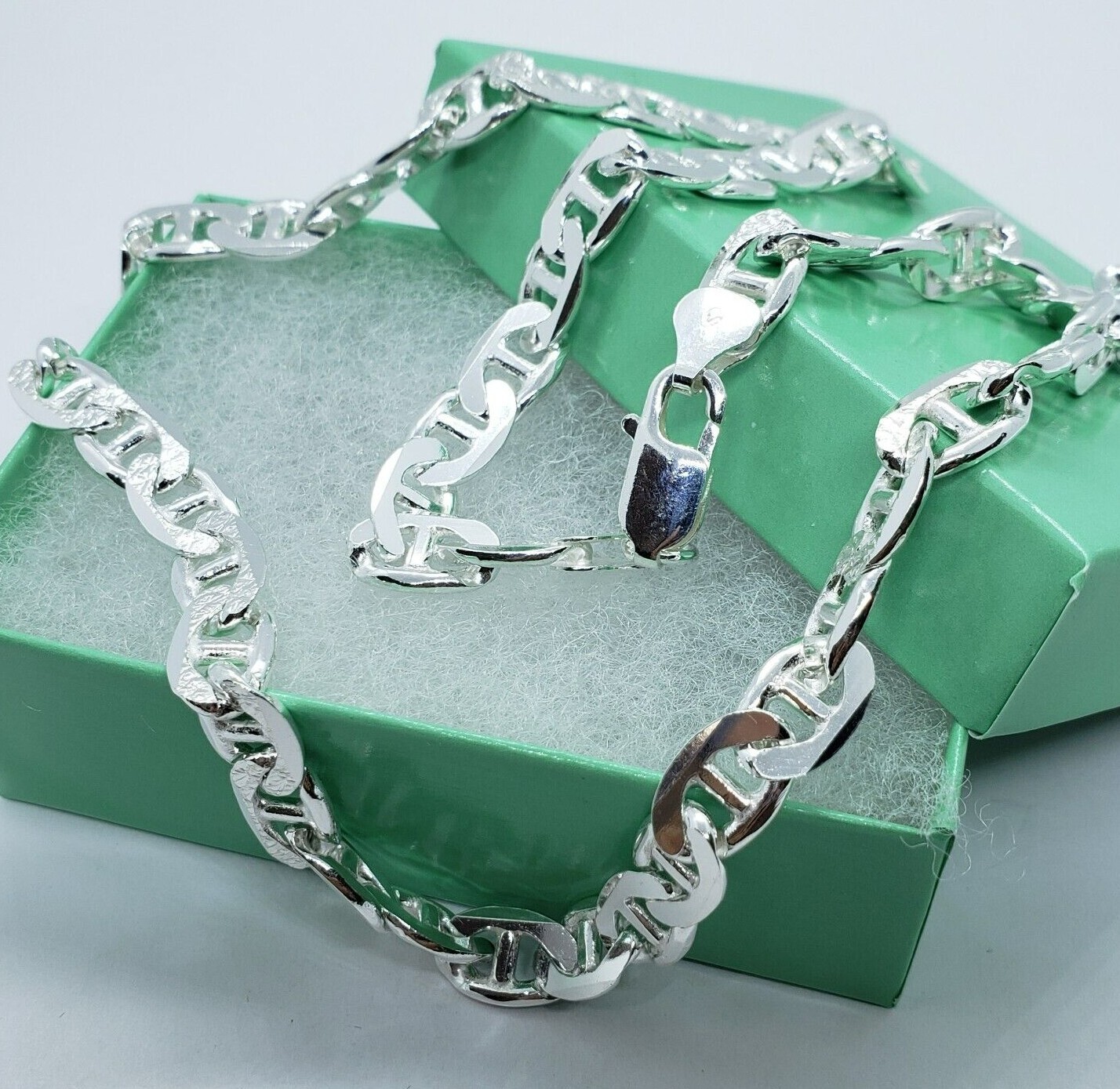 Sterling Silver D/C Flat Mariner Link Chain Necklace Bracelet Italy 8mm, 7″-30″