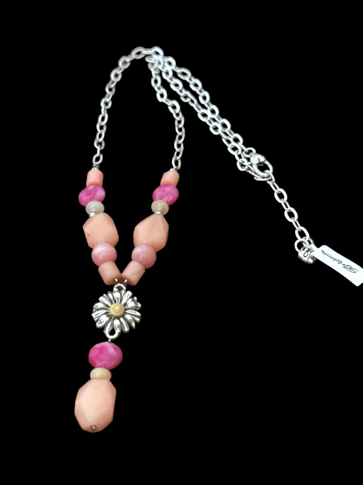 Brighton Paradise Garden Y Necklace- pink & orange beads- silver links flower