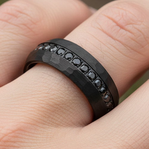Elegant Black Tungsten Men’s Band – 8mm Hammered Style with Full Black CZ Ring