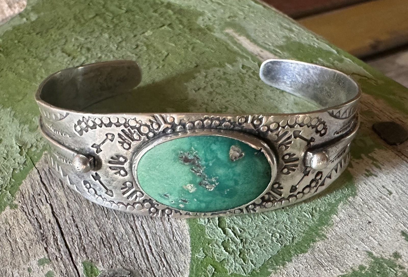 Fred Harvey Era Navajo Sterling Oval Turquoise Cab Stamped Cuff Bracelet 30s-40s