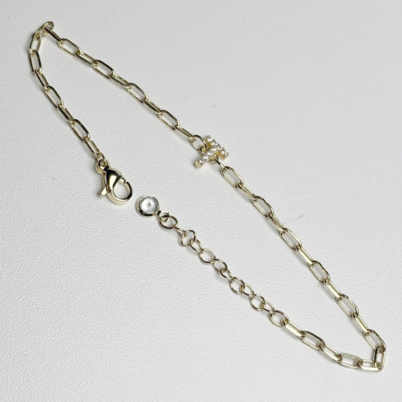 Gold Tone Initial T Paperclip Chain Bracelet Pave Rhinestone Adjustable 8.25in