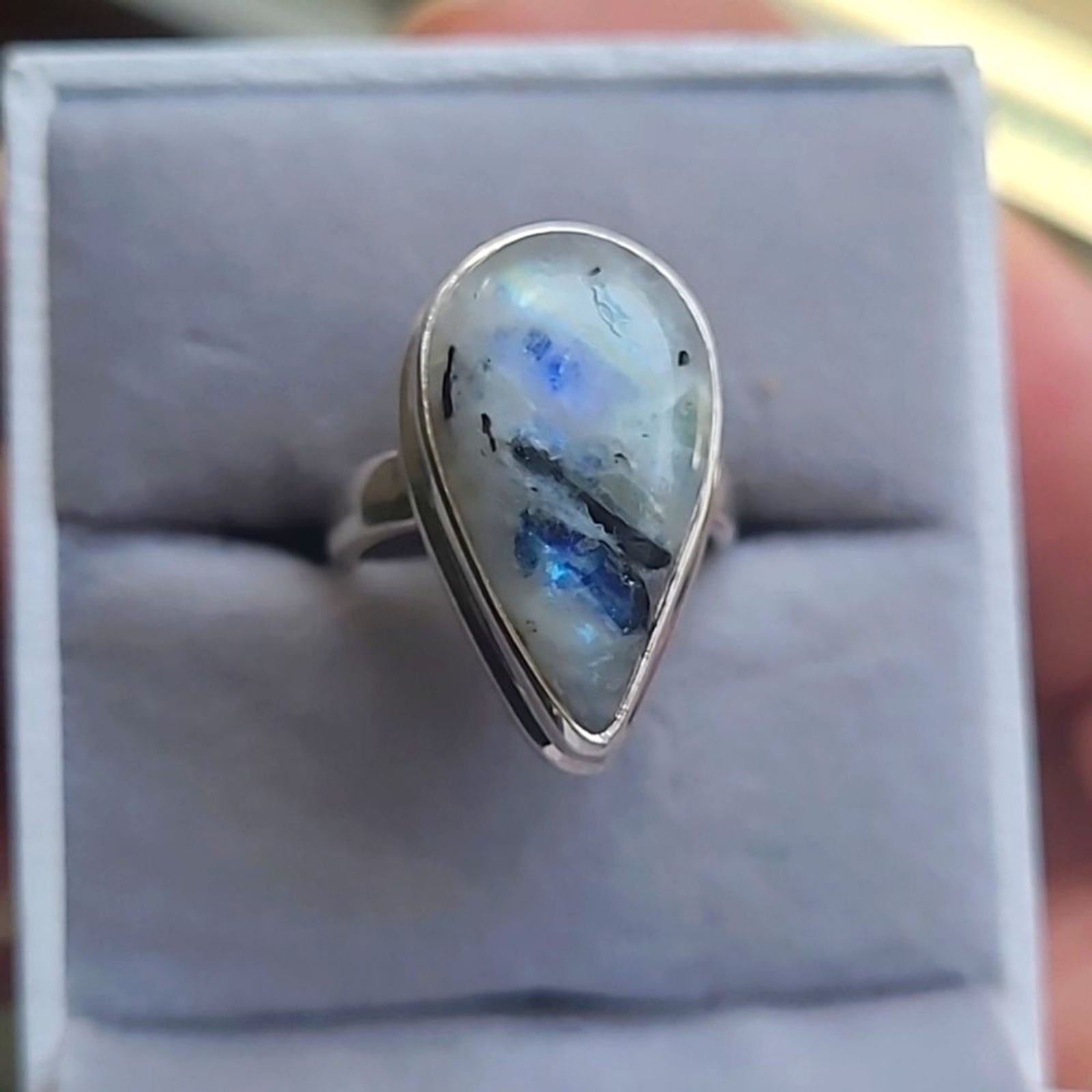 Black Tourmaline in Moonstone Solid Sterling Silver ring. Size 5.5